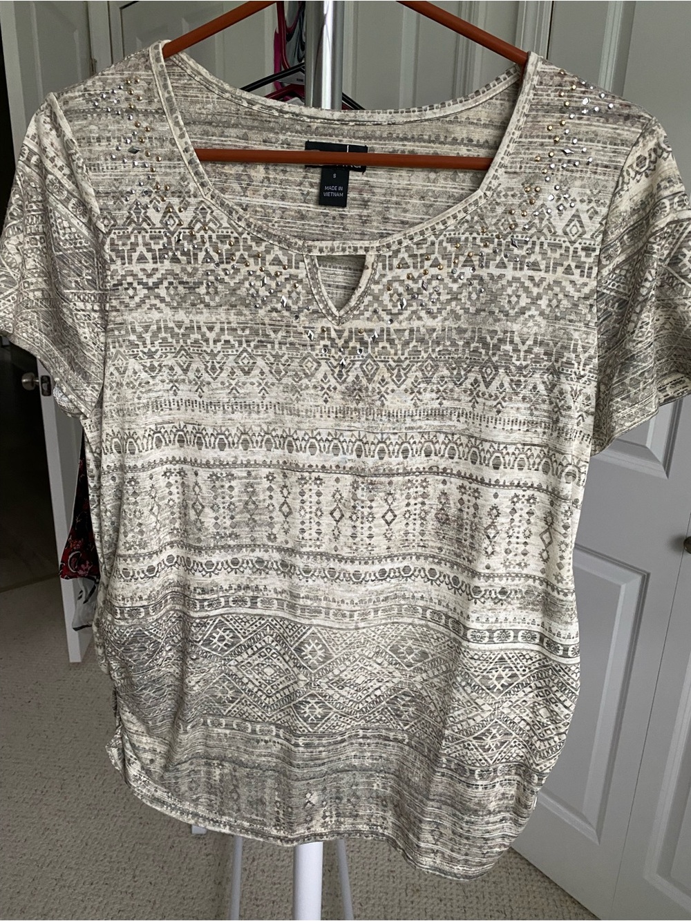 Erika Taupe & Cream Embellished Geo-Print Short Sleeve Tee